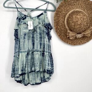 Free People Blue-Green Tie-Dye Ruffle Tiered Tank